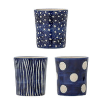 Minoa mugs in blue stoneware with Stripe, Dots, and Stars patterns, by Creative Collection
