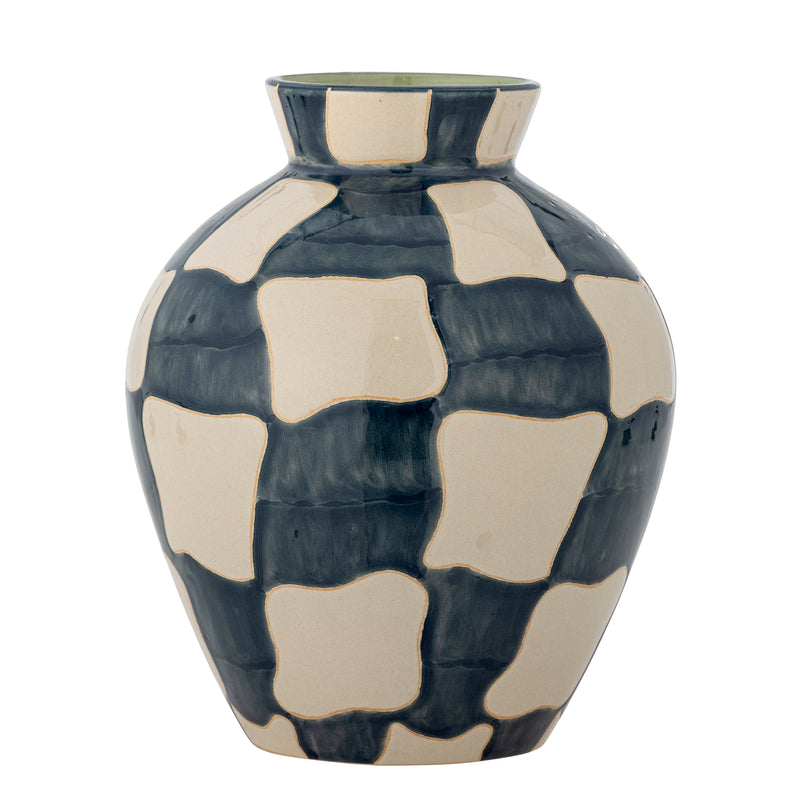 bloom­ingville check vase in blue and cream hand-painted stoneware