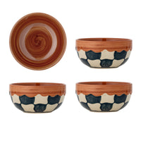 Check bowls in blue, beige, and terracotta stoneware, hand-painted, group of four
