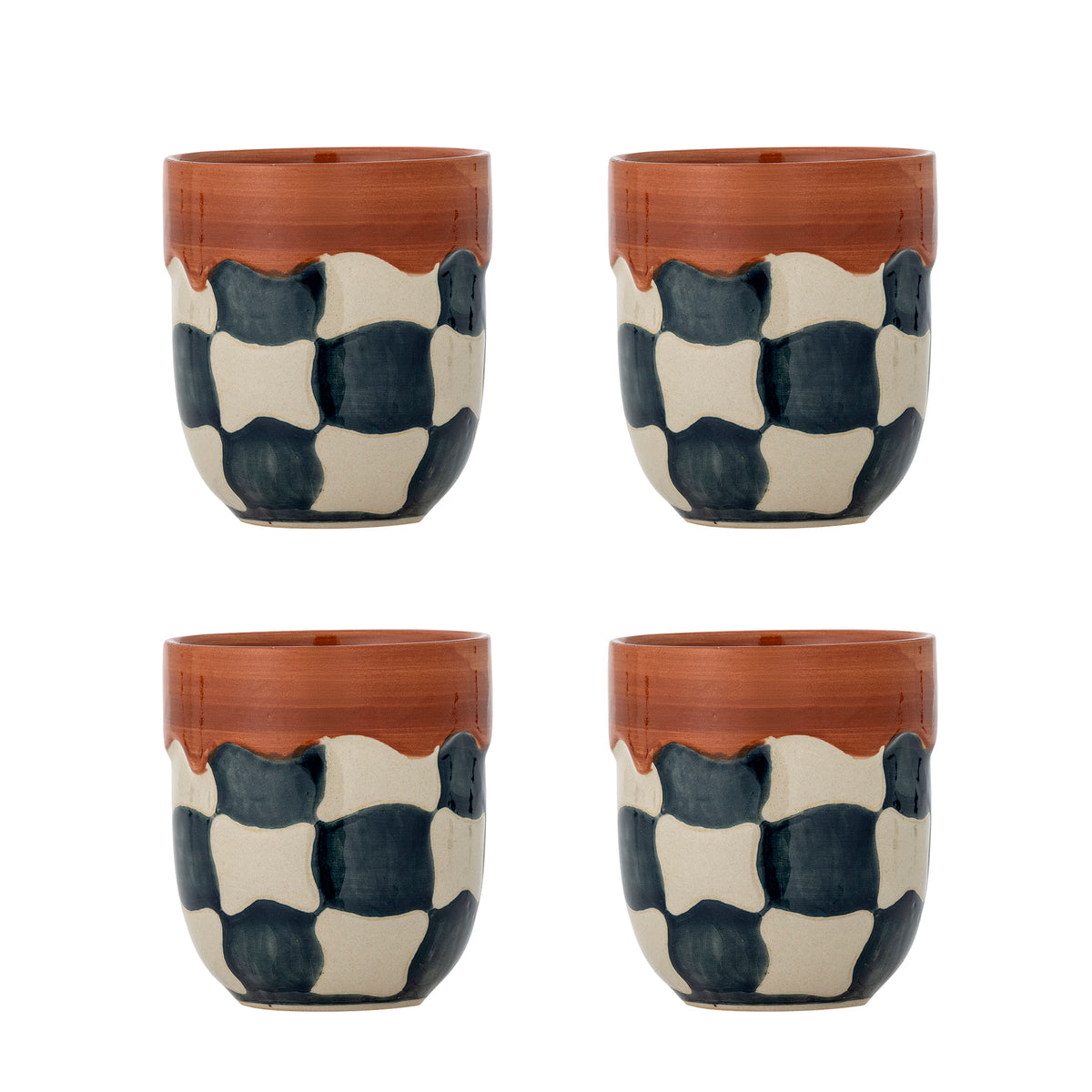 Check cups in blue and cream checkered stoneware with red rim, group of four
