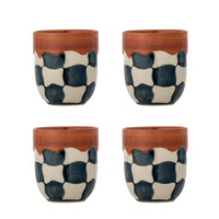 Check cups in blue and cream checkered stoneware with red rim, group of four
