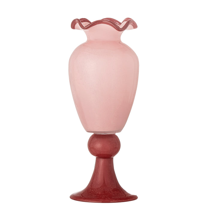 pink glass frills vase with ruffled rim and contrasting base
