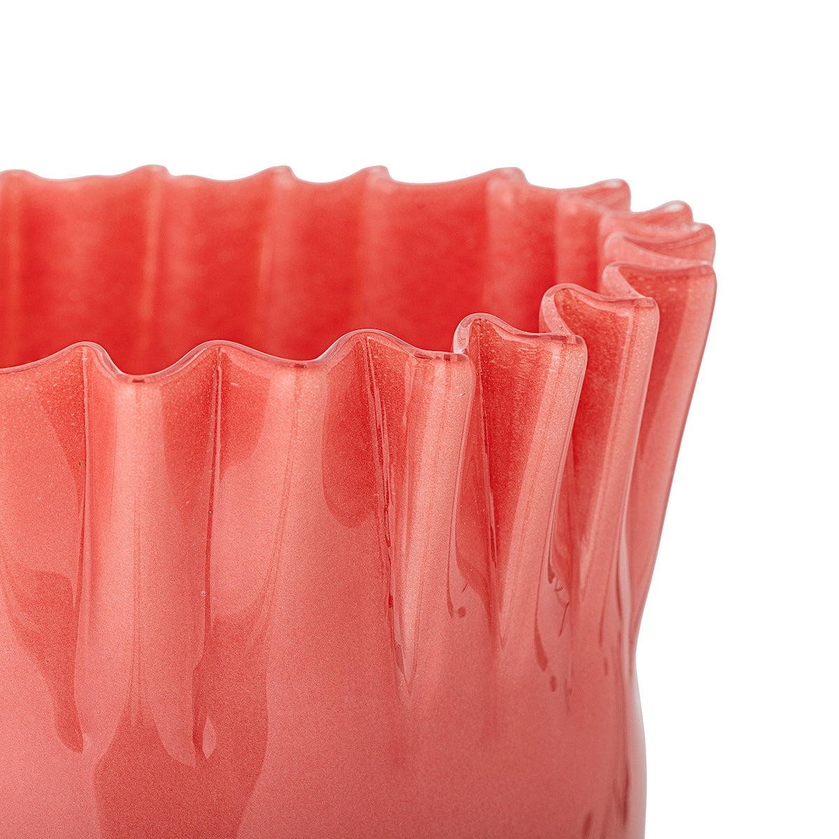 Close up of Janine vase showing fluted wavy glass rim in coral red