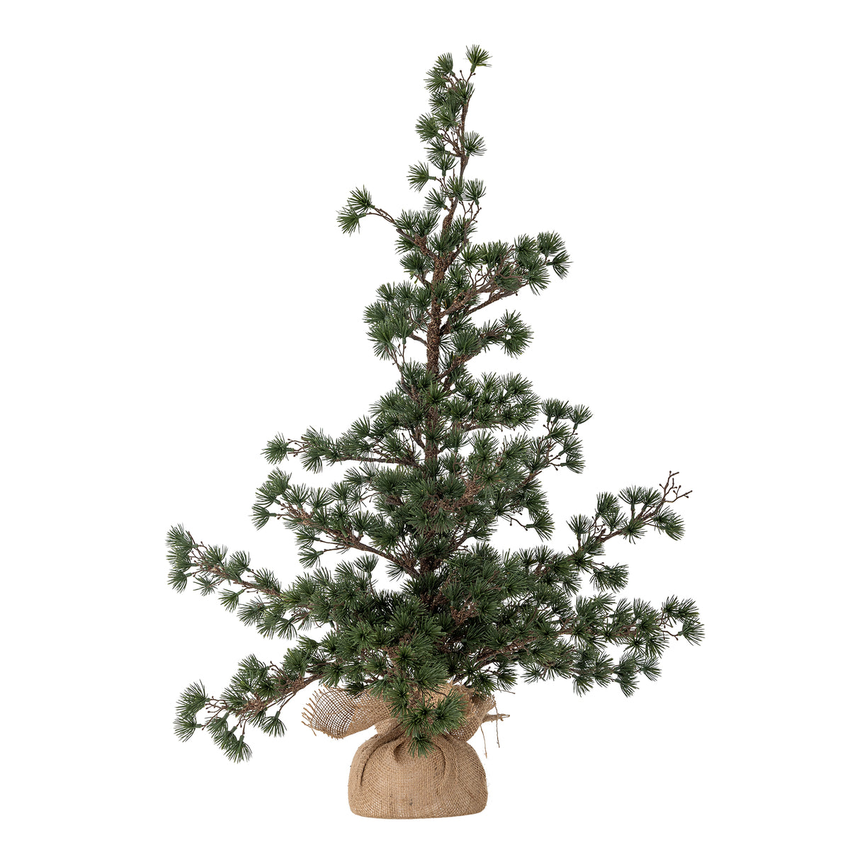 Cedar artificial tree with dense green branches and a hessian-style wrapped base on a white background