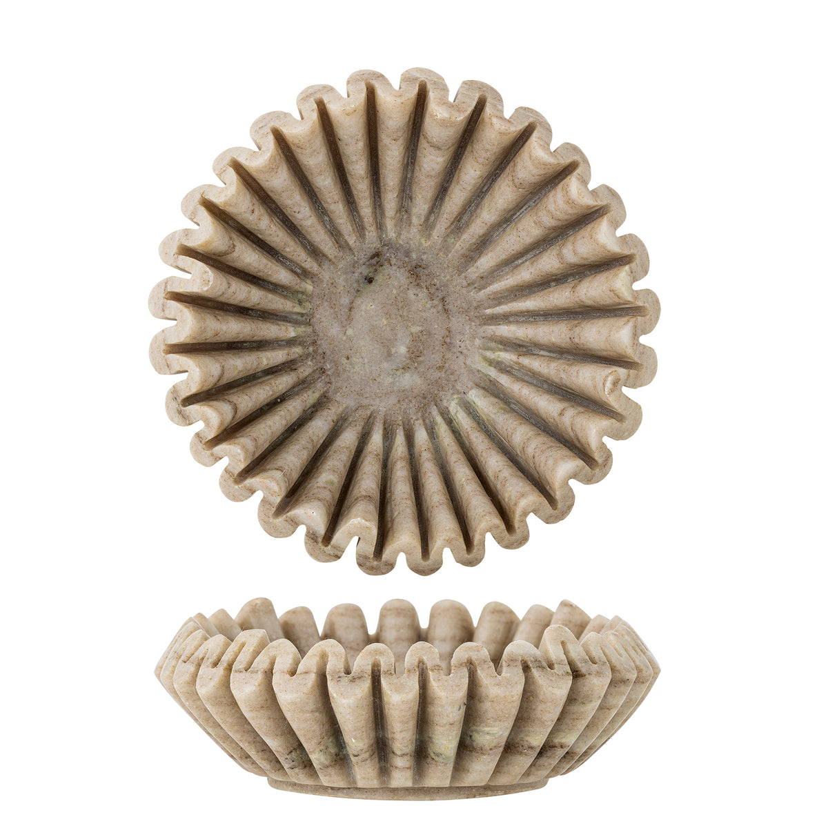 Harmonia beige marble bowl with deep radiating ridges shown from above and from the side on a white background