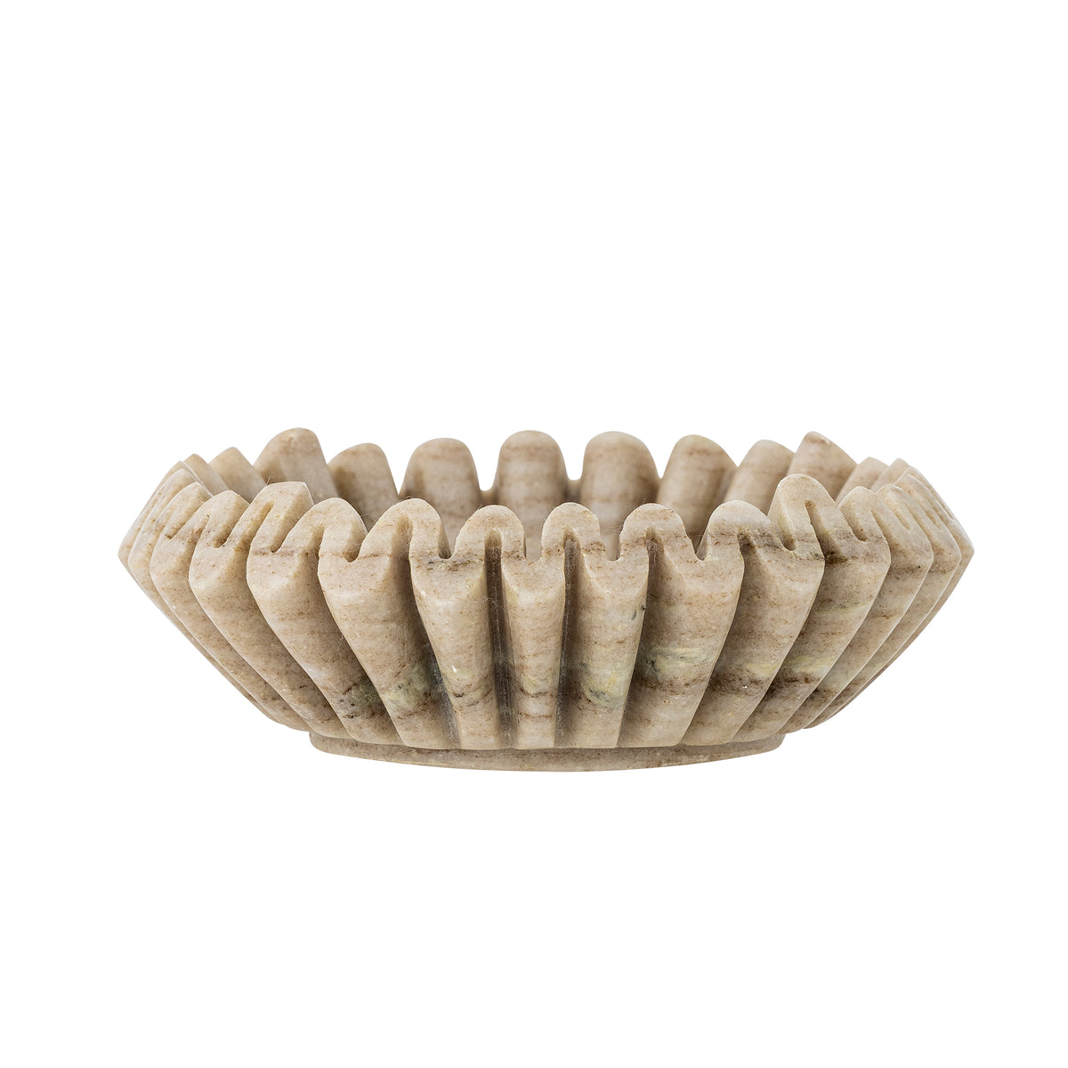 Side view of the Harmonia marble bowl showing its scalloped, ridged edge and shallow base
