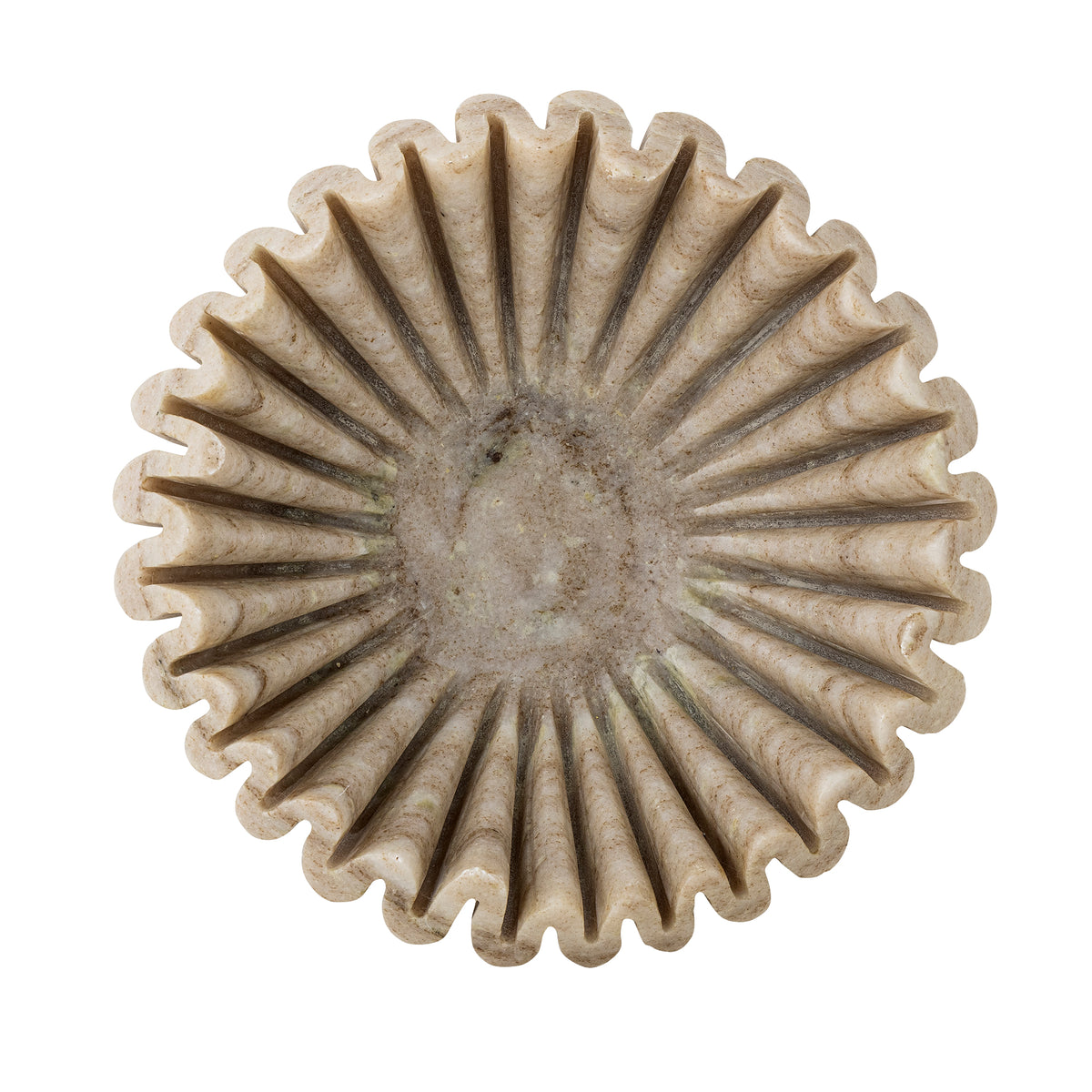 Top-down view of the Harmonia marble bowl with deep vertical ridges radiating from the centre