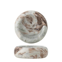 Indah grey marble bowl with brown and green swirls shown from above and from the side on a white background