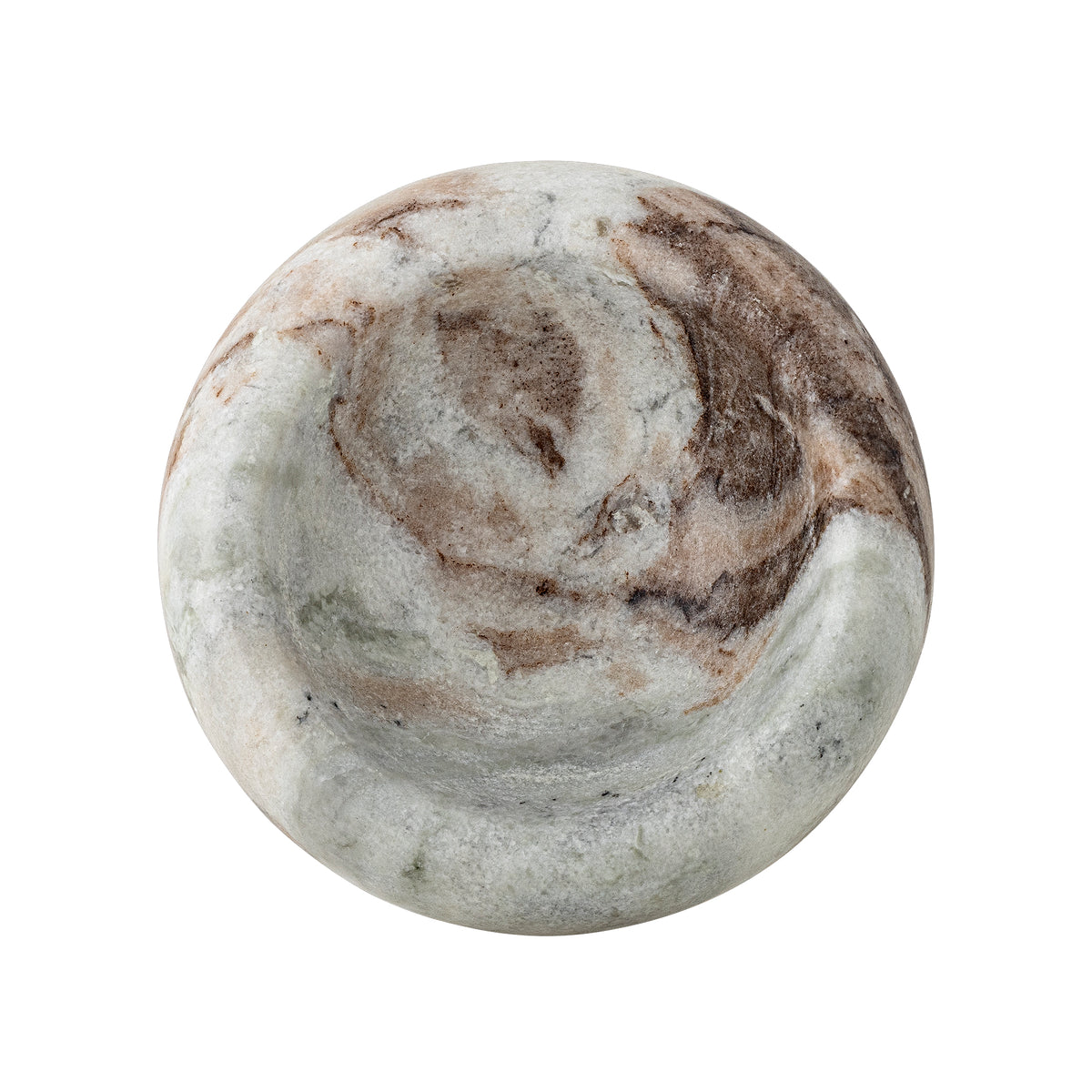 Top-down view of the Indah marble bowl showing its dished centre and brown and grey swirls