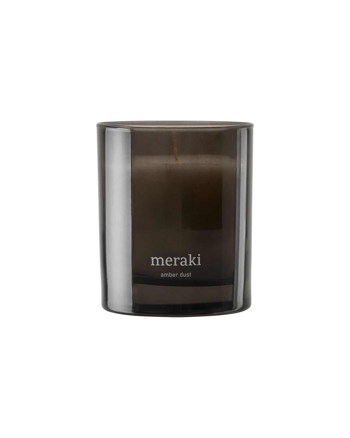 Meraki Amber Dust scented candle in a smoked grey glass jar, packshot on a plain background