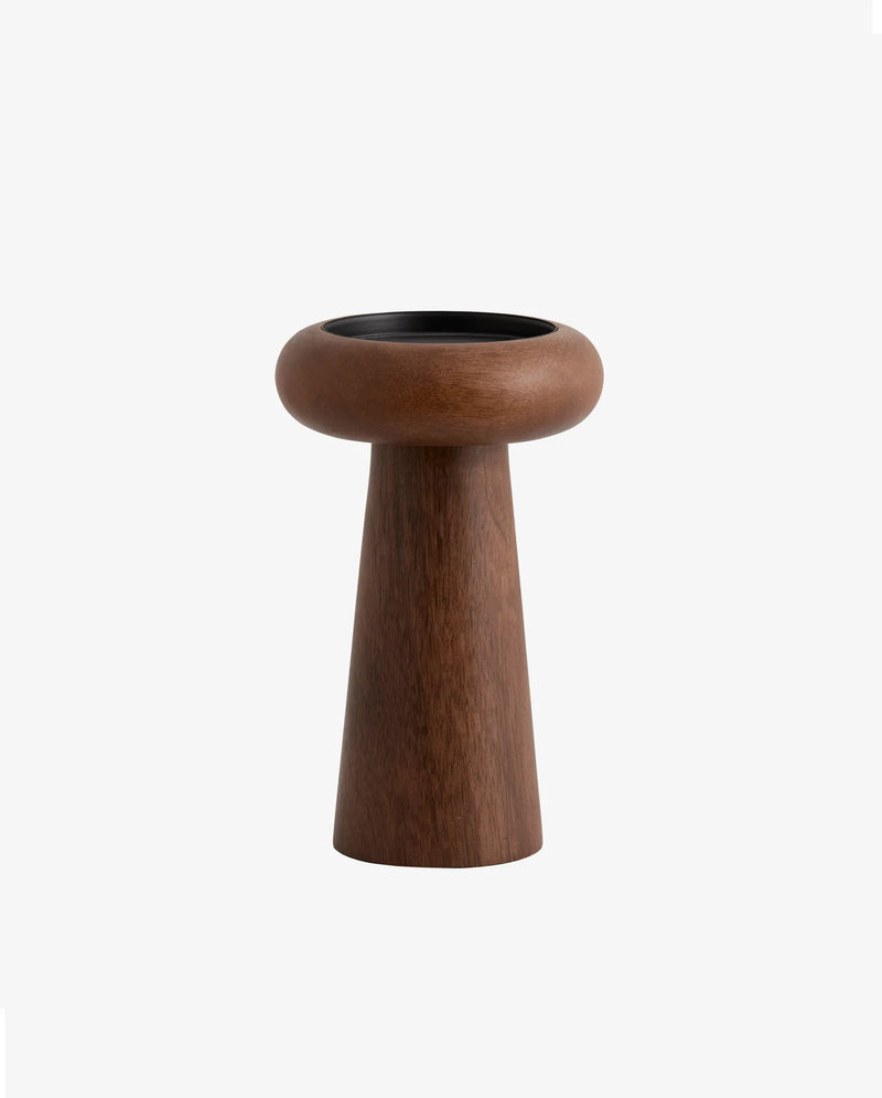 BAWE candle holder in mango wood by Nordal styled on a marble side table with lit pillar candles