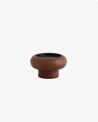 BAWE candle holders in mango wood by Nordal styled on a marble side table with lit pillar candles