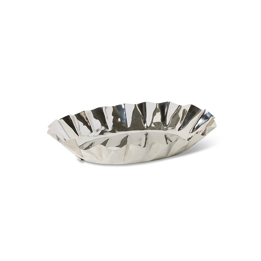 Angled view of the Medium HKLIVING chrome tray showing its fluted stainless steel edge
