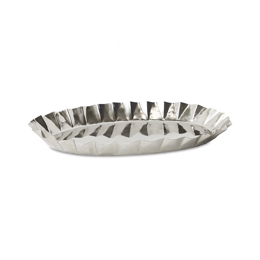 Side view of the Large HKLIVING chrome tray showing its ruffled, fluted rim
