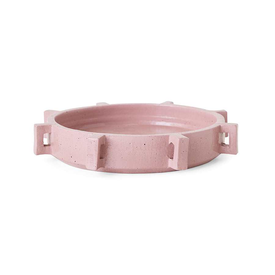 Robust Ceramic Bowl in Pink by HKLIVING – front view of broad low bowl with architectural handles