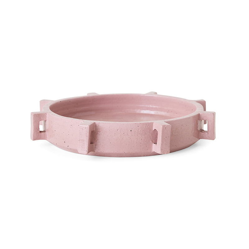 Robust Ceramic Bowl in Pink by HKLIVING – front view of broad low bowl with architectural handles