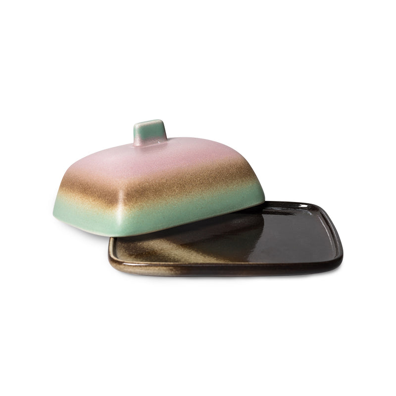 the mercury butter dish with it's pink, brown, and green layered lid from hk living