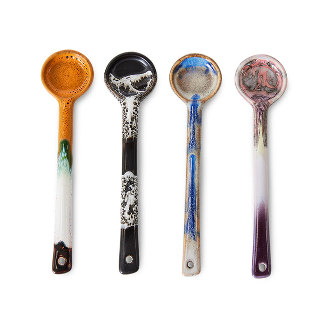 multicoloured bright creramic spoons with a circular head on a long handle in swirling colours of a 70s style hkliving