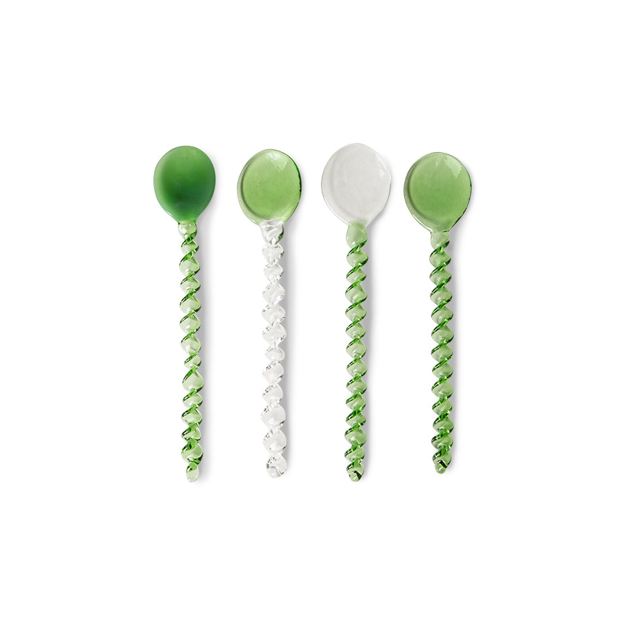 set of 4  glass spoons in slightly differenet colour arrangements using green and clear glass with a lovely long handle and circular head looking both too delicate and perfect for heavy yoghurt and granola at the same time. made by hand by hkliving