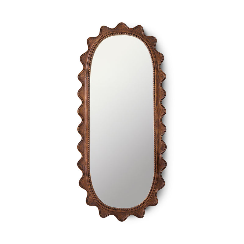 Oval wooden ripple mirror by HKLIVING with a scalloped mango wood frame, on a plain white background