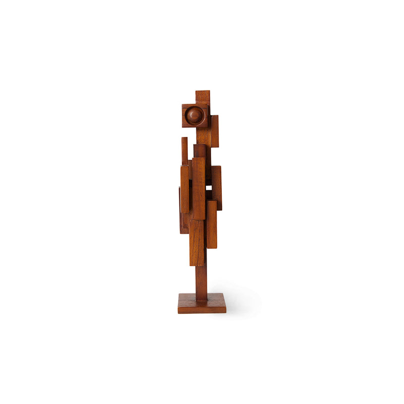 small espresso coloured teak wood sculpture made of oblong pieces that together almost look humanoid