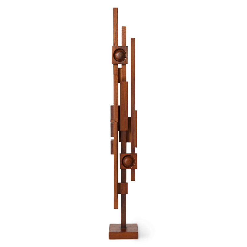 the tall and thin teak wood sculpture from hkliving has an organic form even though it is made of oblong pieces of varies lengths