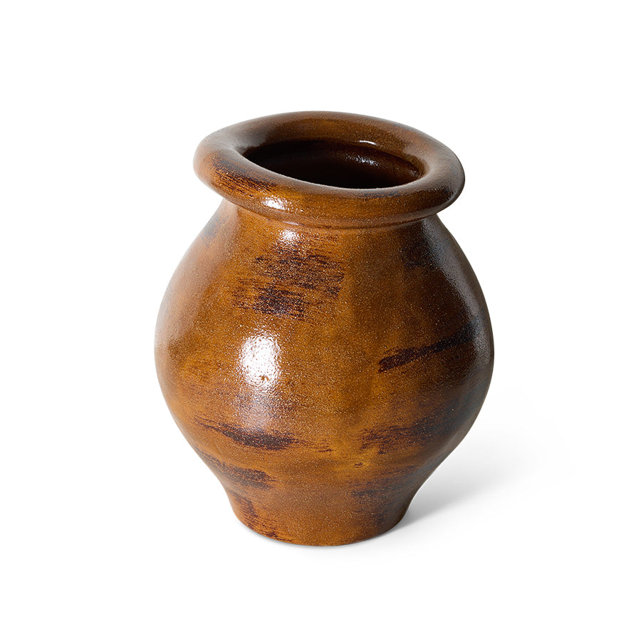 HKLIVING Robust Vase in burnt umber, Large size, angled view showing the rolled rim and rounded body