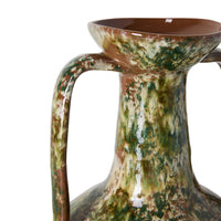 Close-up of the Robust Amphora Vase's neck and handle, showing the richly textured moss green, brown and clay reactive glaze