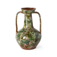 Robust Amphora Vase, Barn by HKLIVING on a white background, showing the rounded body and two tall loop handles in a moss green and clay reactive glaze