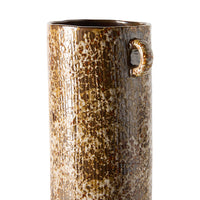 Close-up of the Long Vase's rim and loop handle, showing the richly textured, mottled reactive brown glaze