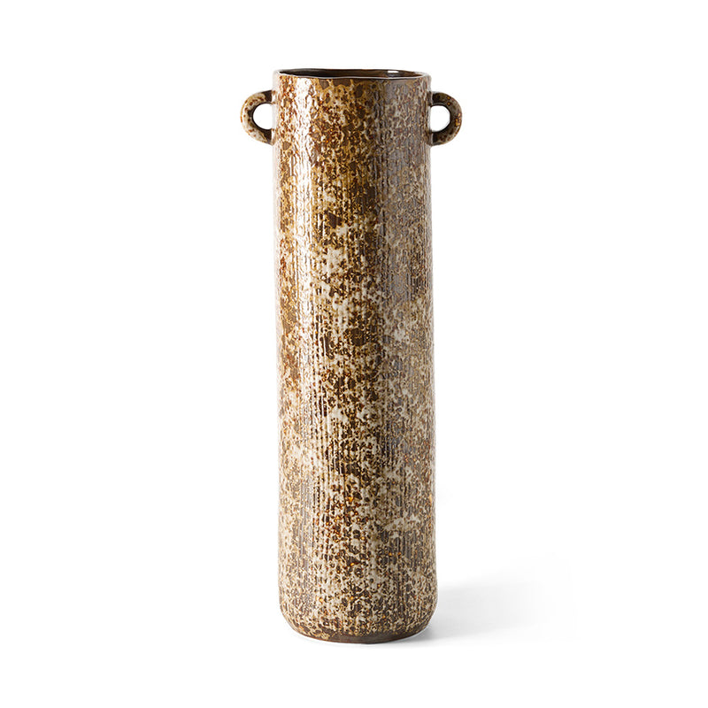 Long Vase, Reactive Brown by HKLIVING on a white background, showing the tall cylindrical silhouette and two loop handles
