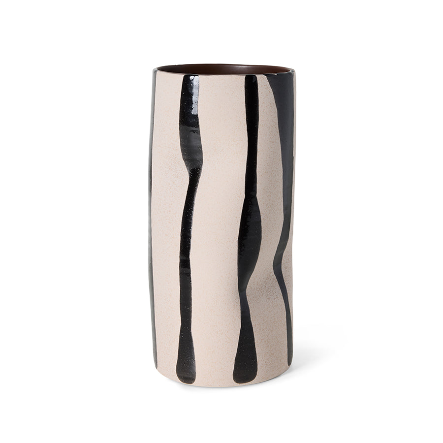 Mono Vase, Sand/Black by HKLIVING on a white background, showing the cylindrical silhouette with organic black stripes on a warm sand base
