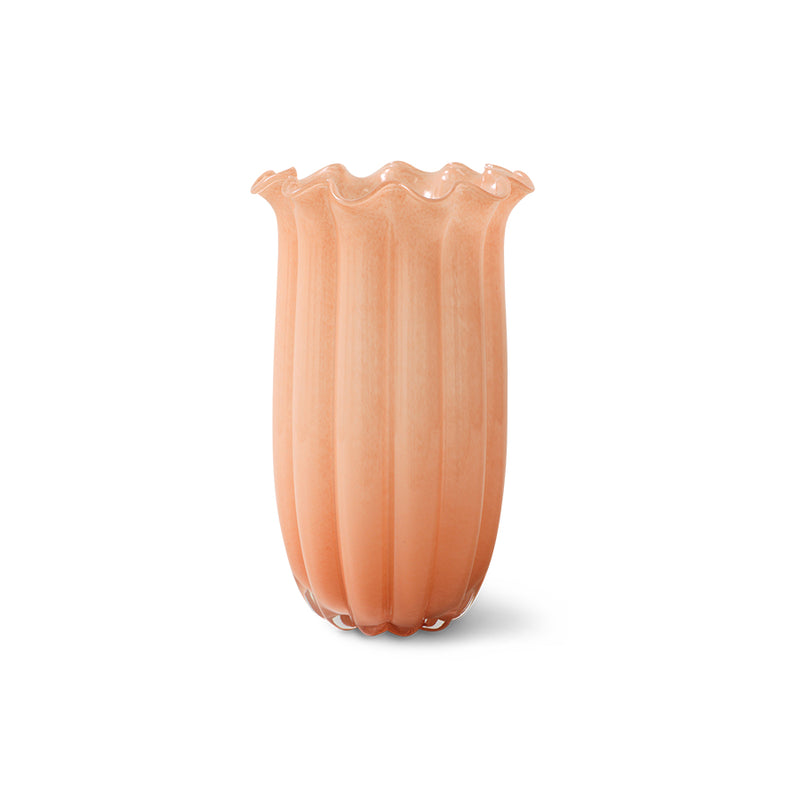 Ribbed glass vase in peach by HKLIVING on a plain white background, showing the scalloped rim and fluted body
