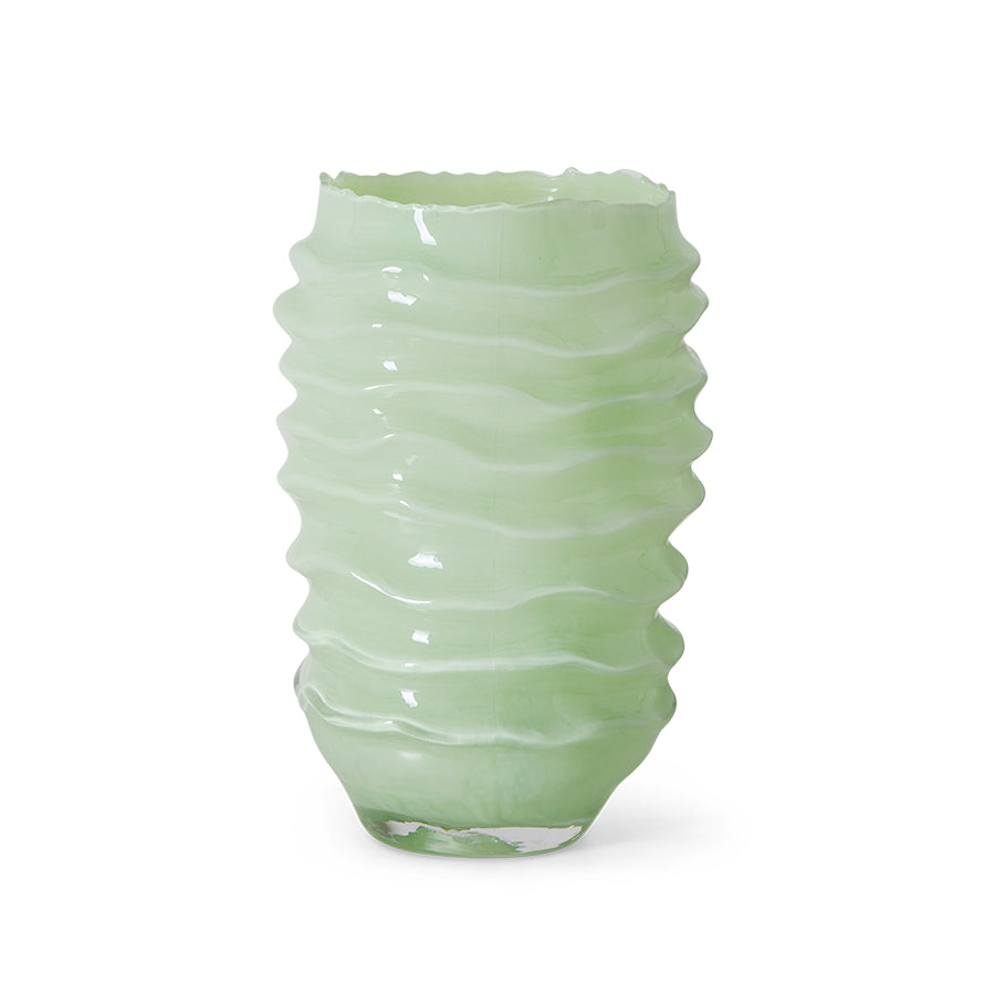 Ribble Glass Vase in Mint by HKLIVING, ribbed wave-textured glass vase on a plain white background