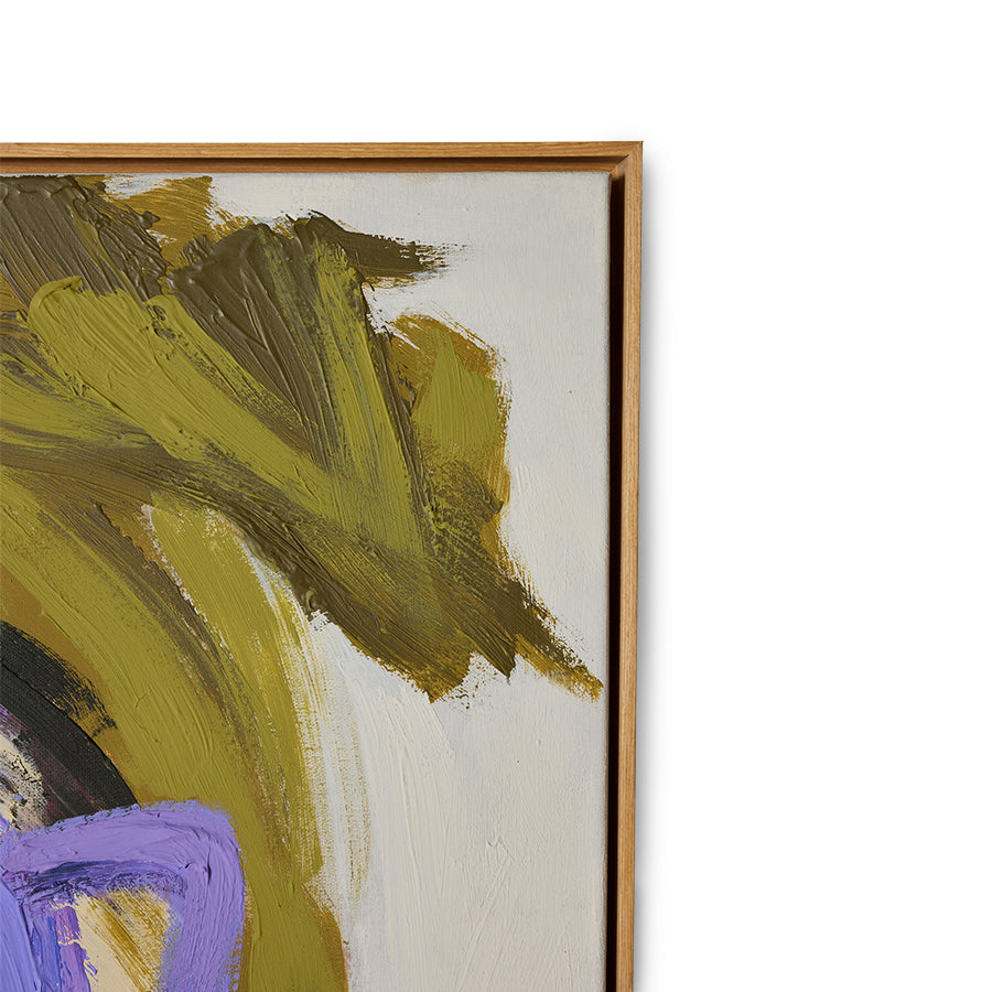 Close-up of the top corner of the Abstraction framed artwork, showing the hand-painted olive brushstrokes and natural wood frame edge