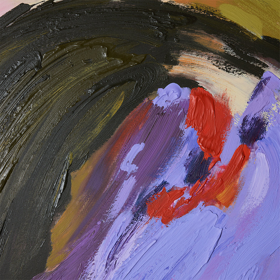 Close-up detail of the Abstraction painting showing the lilac, red and black brushwork