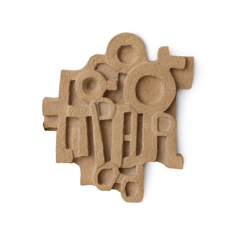 HKLIVING large brutalist wall sculpture in raw terracotta, made of interlocking circles, arches and blocks, on a white background