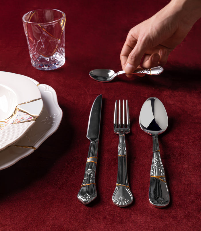 Seletti Kintsugi Cutlery Set - Handcrafted Gold & Steel Flatware (Set of 4)