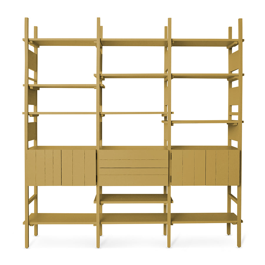 Raw Shelving Unit in Mustard by HKLIVING – tall pine wood wall storage with cupboards and drawers