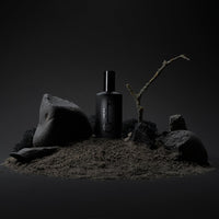 black bottle of handmade fischersund number 54 cologne amongst black rocks and moss