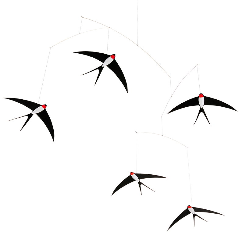 handcrafted by flensted in denmark swallows hanging delicately from strings and wires swooping about the corner of a room in black and red 