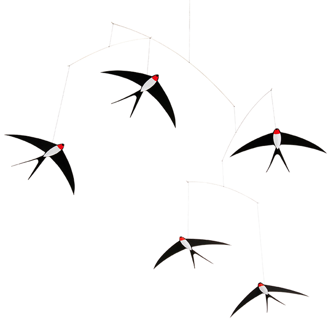 handcrafted by flensted in denmark swallows hanging delicately from strings and wires swooping about the corner of a room in black and red 
