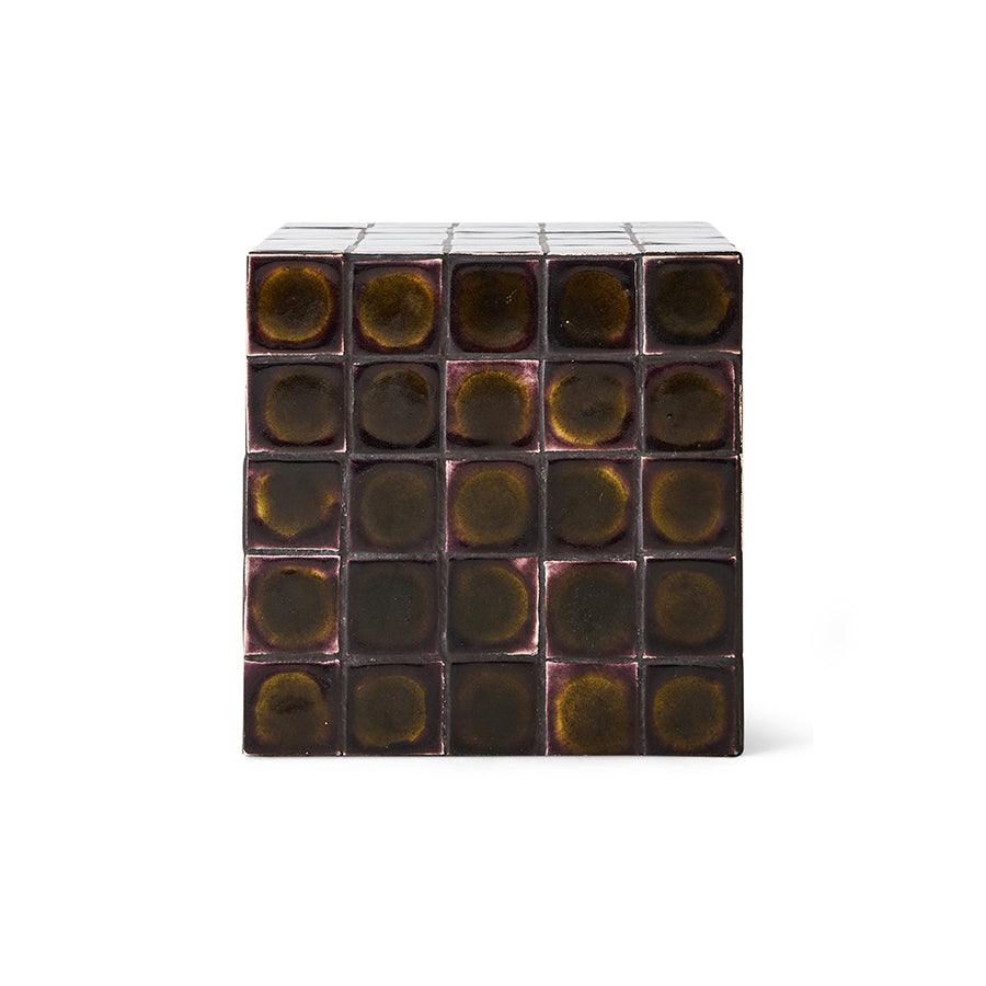 Tiled Side Table in Olives by HKLIVING – front view of hand-glazed ceramic cube table