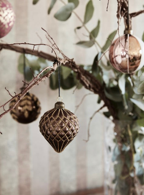 Set of 4 Brown & Gold Ornament, Handmade Glass Tree Bauble from House Doctor