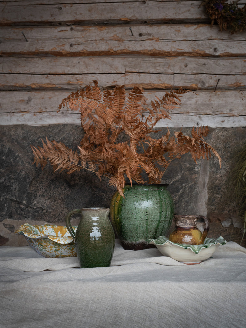 Sculptural Wikholmform bowl styled with jug and woven basket
