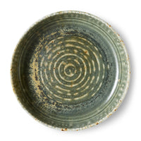 Large HKLIVING rustic green deep plate from above, with concentric glaze rings