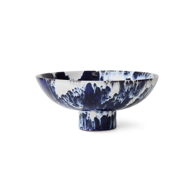 HKLIVING Splatter-Glaze Ceramic Bowl in Indigo, a footed bowl with an indigo splatter glaze over white, on a plain white background