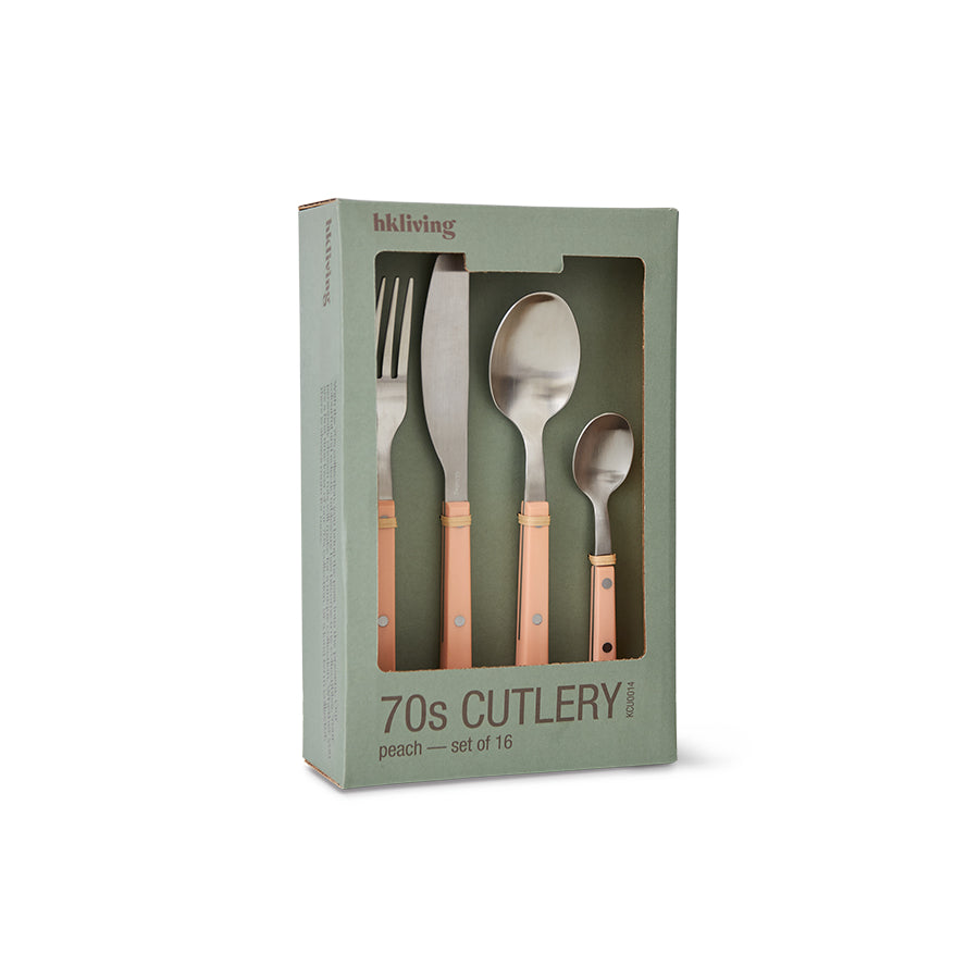 Angled view of the HKLIVING 70s Cutlery peach set in its gift box