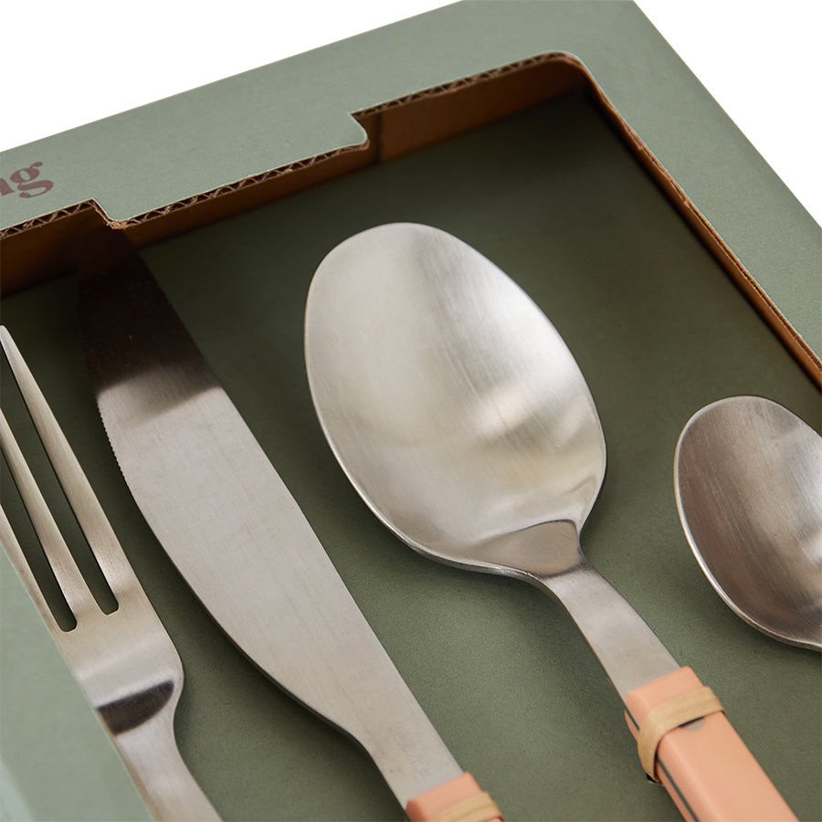 Close-up of the HKLIVING peach cutlery spoons and fork inside the green gift box
