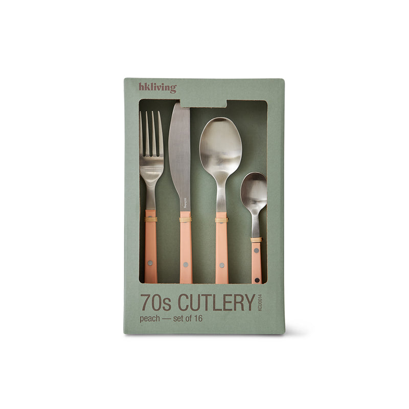 HKLIVING 70s Cutlery set of 16 in peach, shown in its sage green gift box